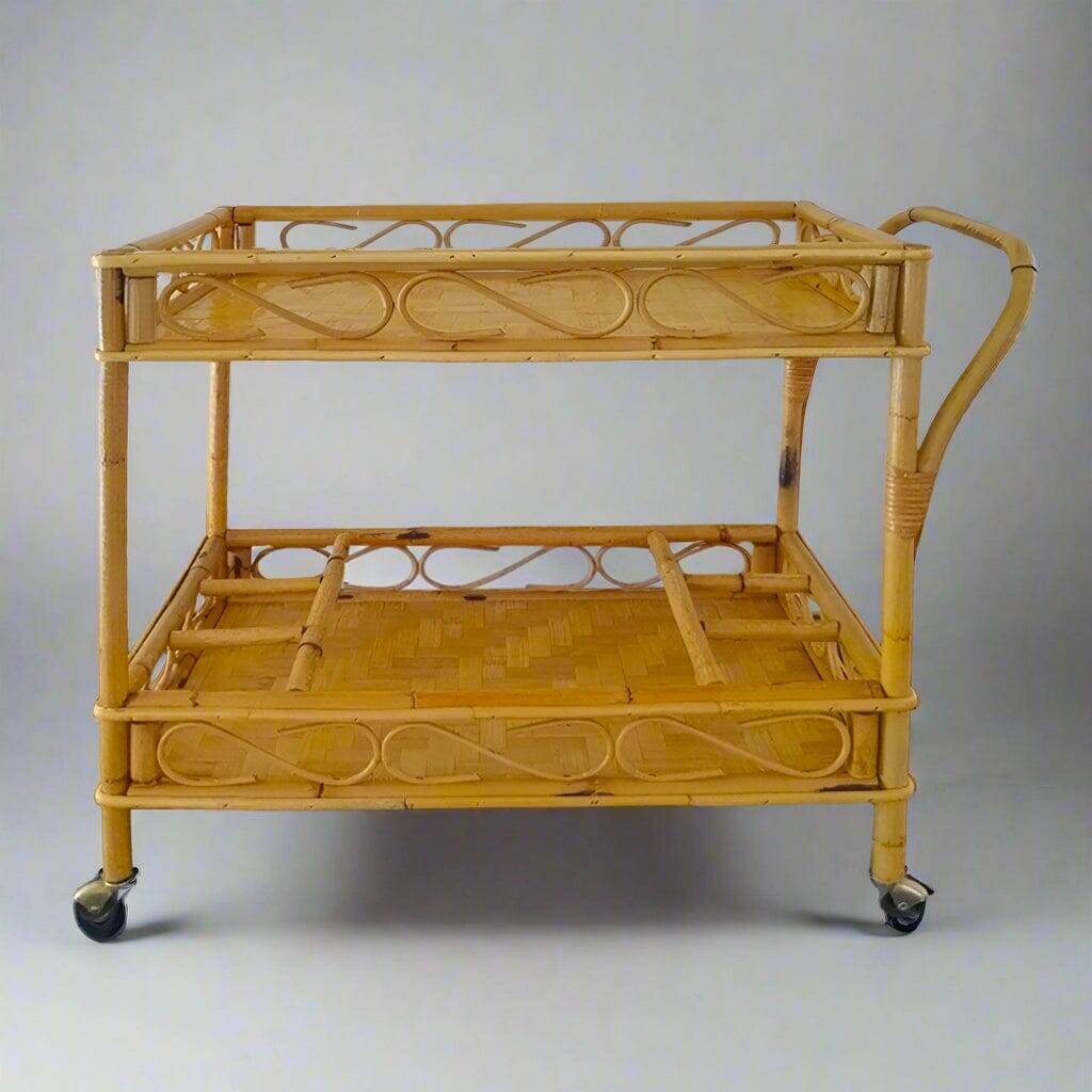 1960s Exquisite Italian Bamboo & Rattan Bar Cart by Franco Albini - Mid Cen