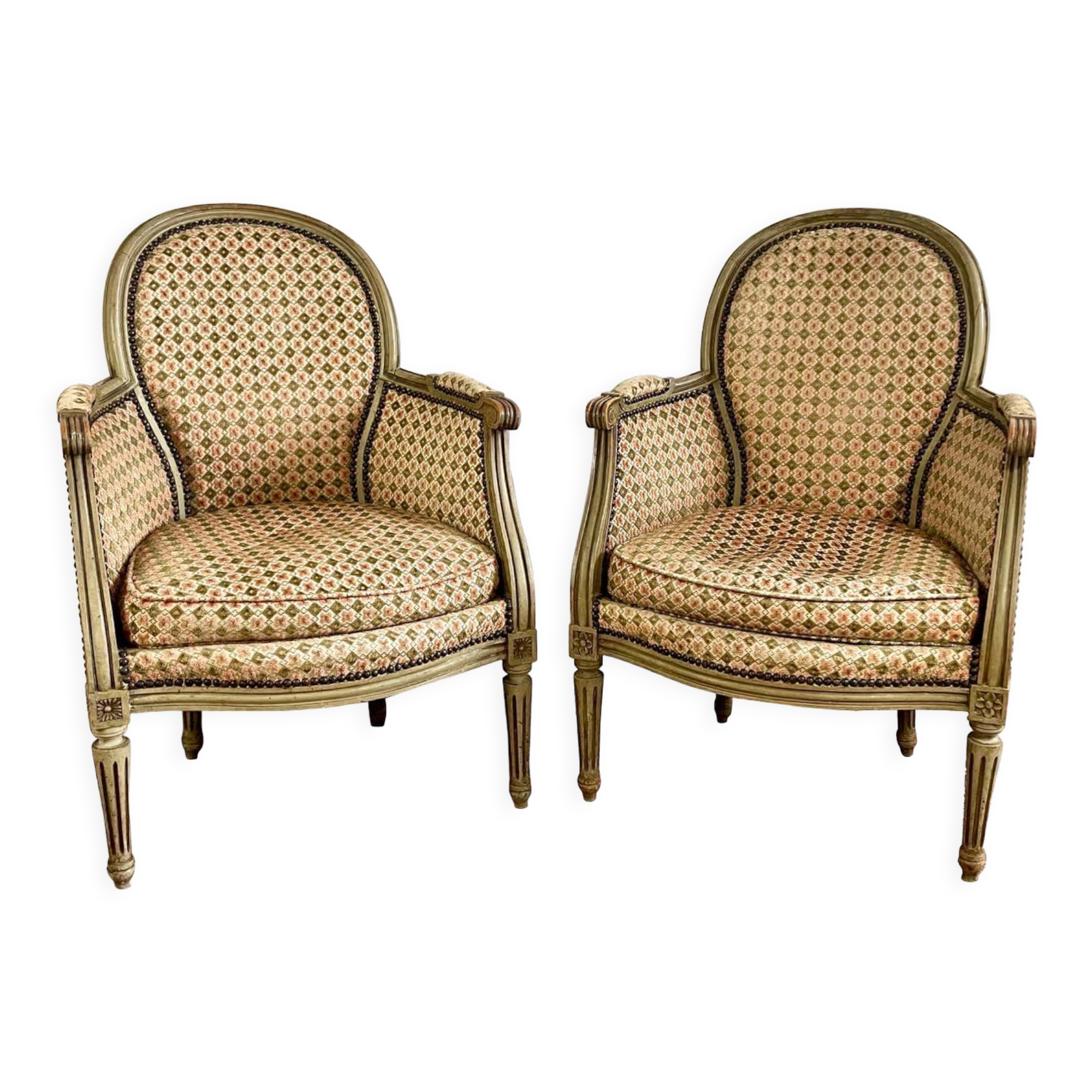 Pair of wooden and velvet armchairs in Louis XVI style 19th century