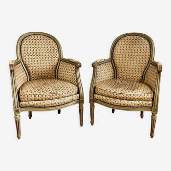 Pair of wooden and velvet armchairs in Louis XVI style 19th century