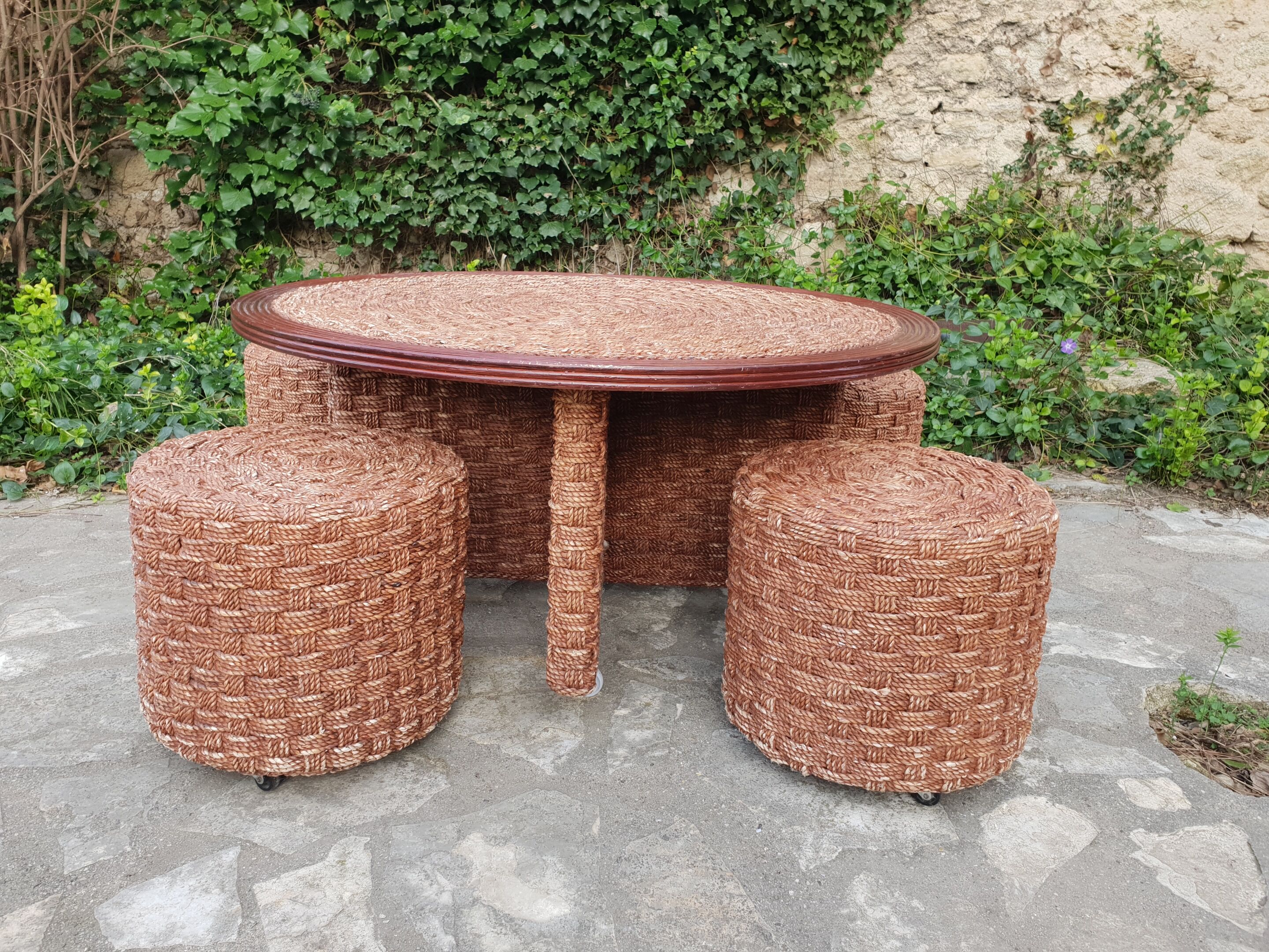 Vintage rope coffee table and stools