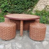 Table basse et tabourets en corde vintage