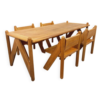 Suite exceptionnelle d’une grande table et de 4 chaises brutaliste vintage