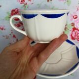 Ancient cup and saucer K-G Luneville - Geometric blue fruit stencil pattern