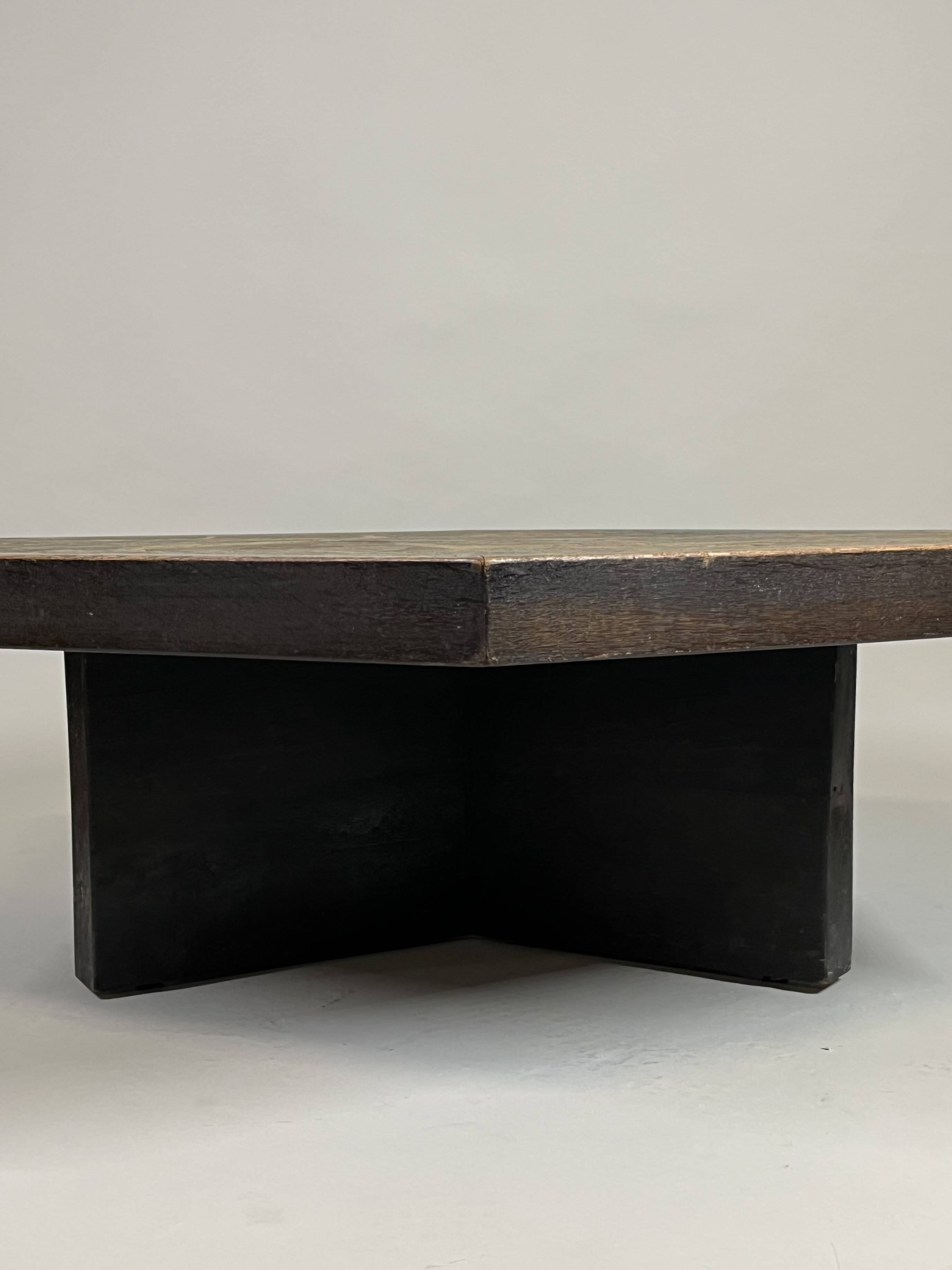 Large Brutalist Coffee Table in Oak and Stone Mosaic, 1960s