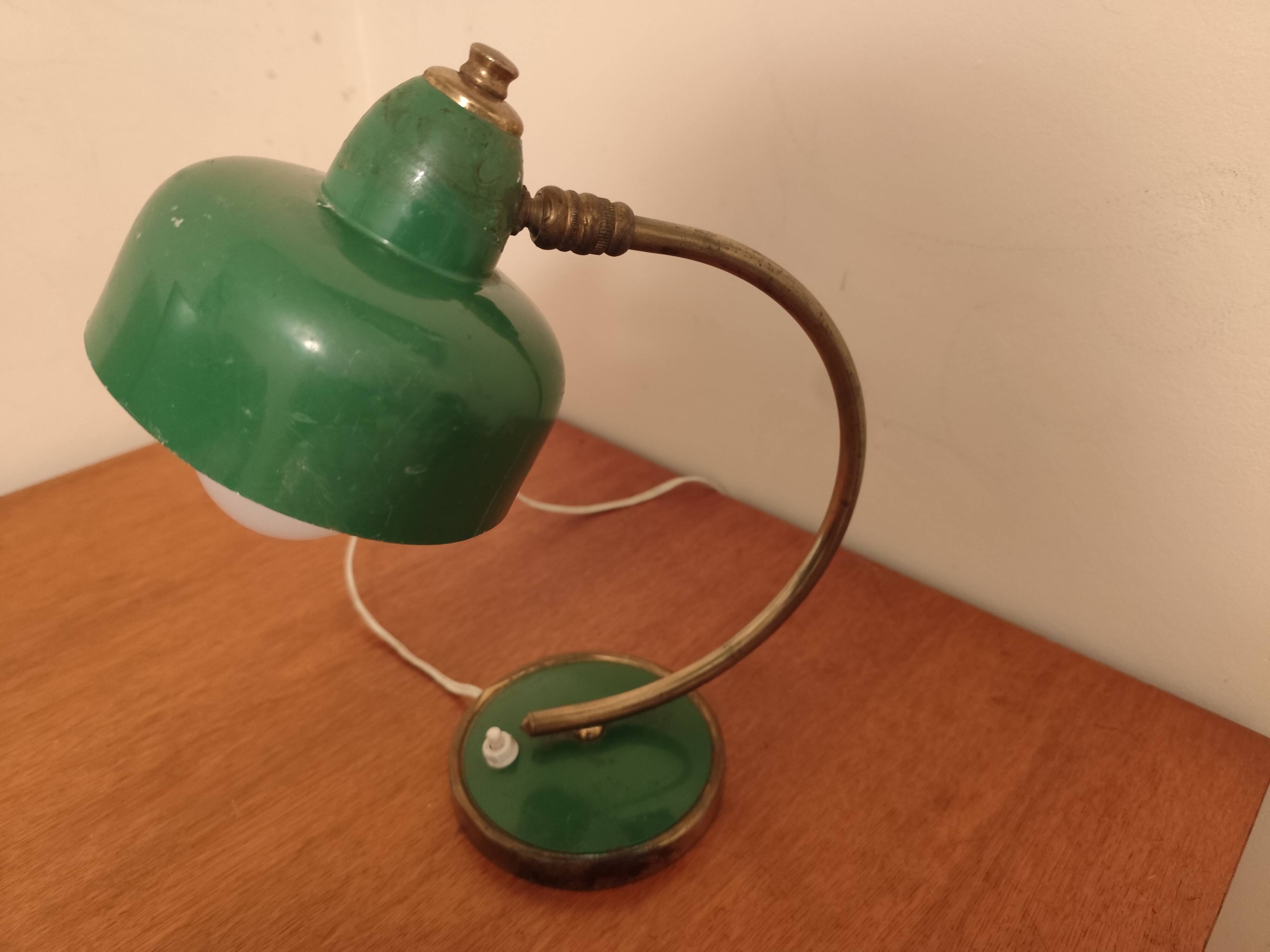 Vintage Scandinavian Art Deco desk lamp from the 40s, golden brass, retro, moon shape, swan neck