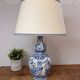Blue and white Delft ceramic table lamp decorated with birds and flowers.