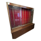 Large vintage display cabinet in wood and glass – red background, 15 shelves