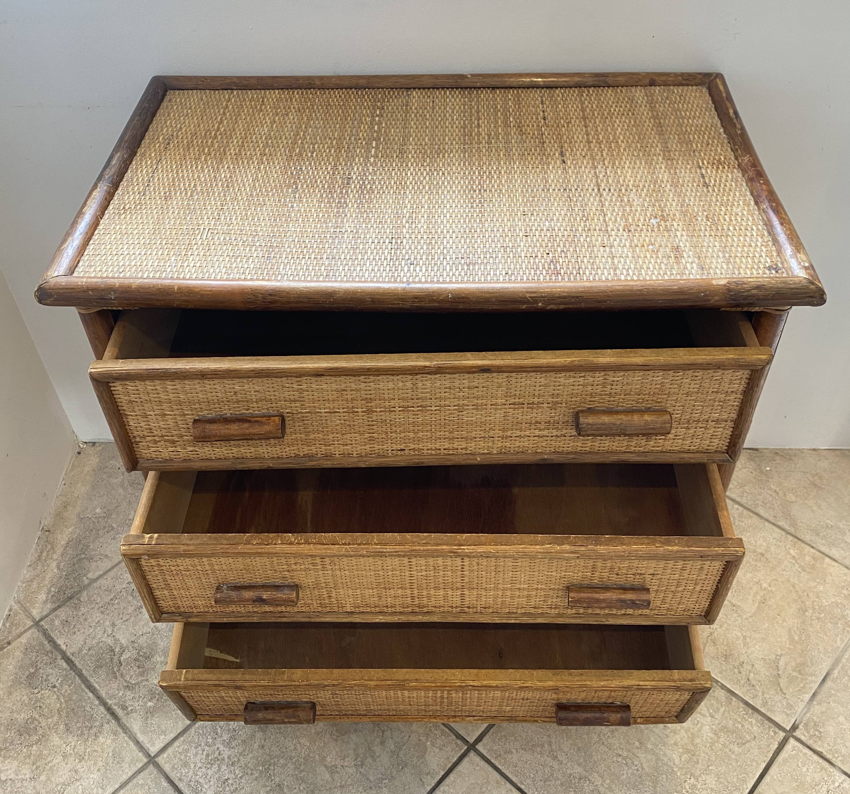 Vintage 1970s bamboo rattan 3-drawer chest of drawers.