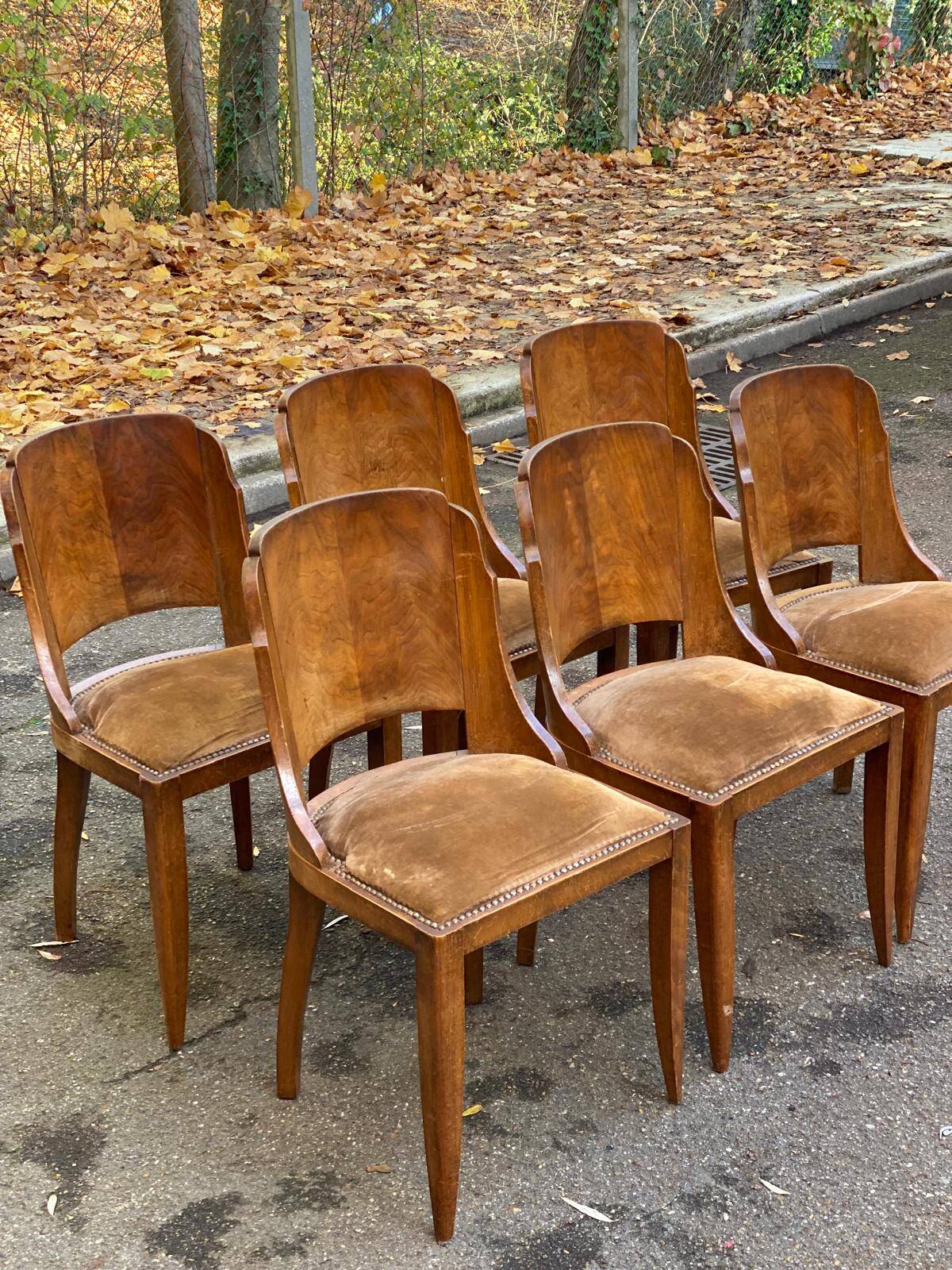 6 Art Deco gondola chairs in solid wood and brown suede