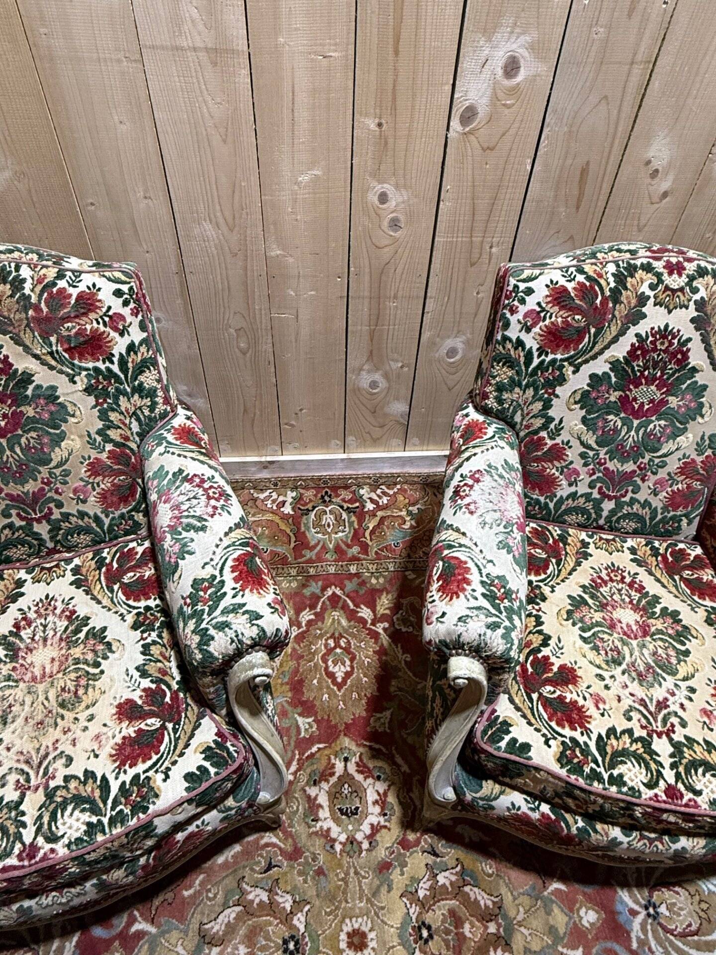 Pair of Louis XV style velvet bergère armchairs
