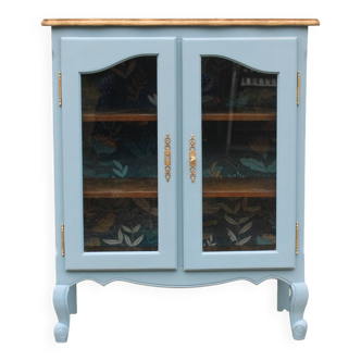 Buffet vitré ancien en bois massif bleu, rénové