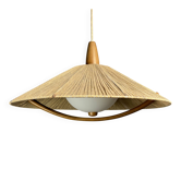 Large Mid-Century Teak and Sisal Cord Hanging Pendant Lamp, 1960s