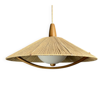 Large Mid-Century Teak and Sisal Cord Hanging Pendant Lamp, 1960s