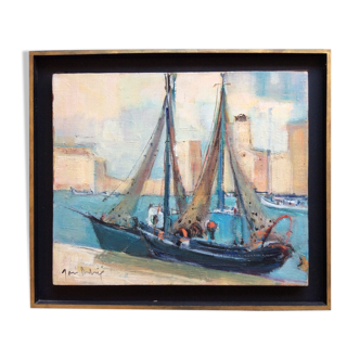 Navy painting, boats at port