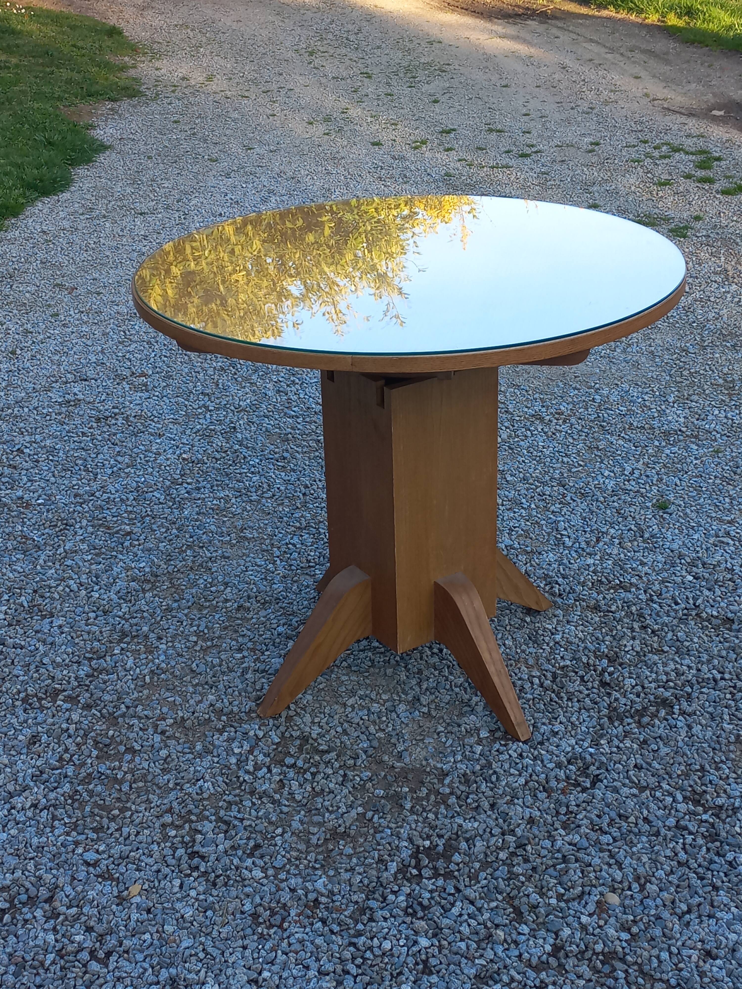 1950s round oak table, 2 heights, central quadripod leg
