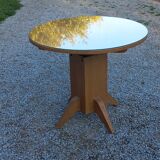1950s round oak table, 2 heights, central quadripod leg