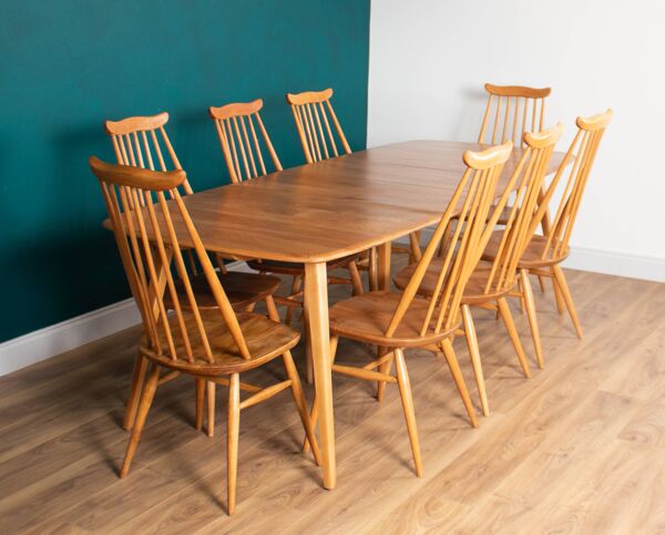 Table de salle à manger rétro en orme blond modèle 444, grande planche et 8 chaises de salle à manger d'orfèvre