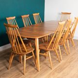 Retro Blonde Elm Model 444 Grand Plank Dining Table & 8 Goldsmith Dining Chairs
