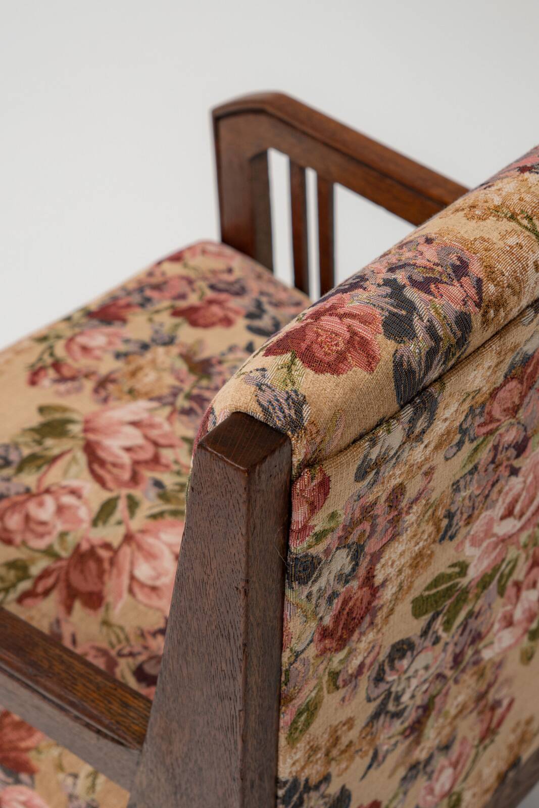 Antique Art Nouveau Armchair in Oak and Floral Upholstery, Belgium ca 1900s