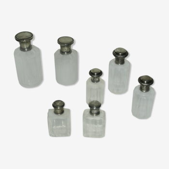 set of 7 bottles sterling crystal and solid silver