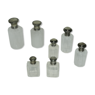 set of 7 bottles sterling crystal and solid silver