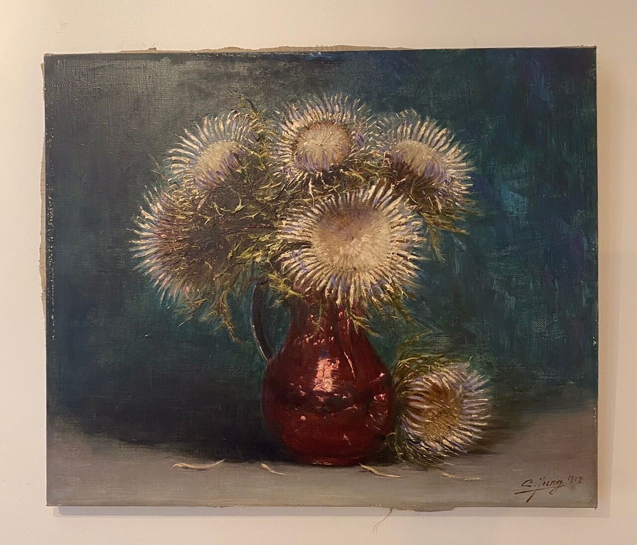 Old painting, still life with thistles signed C.Jung, 1928