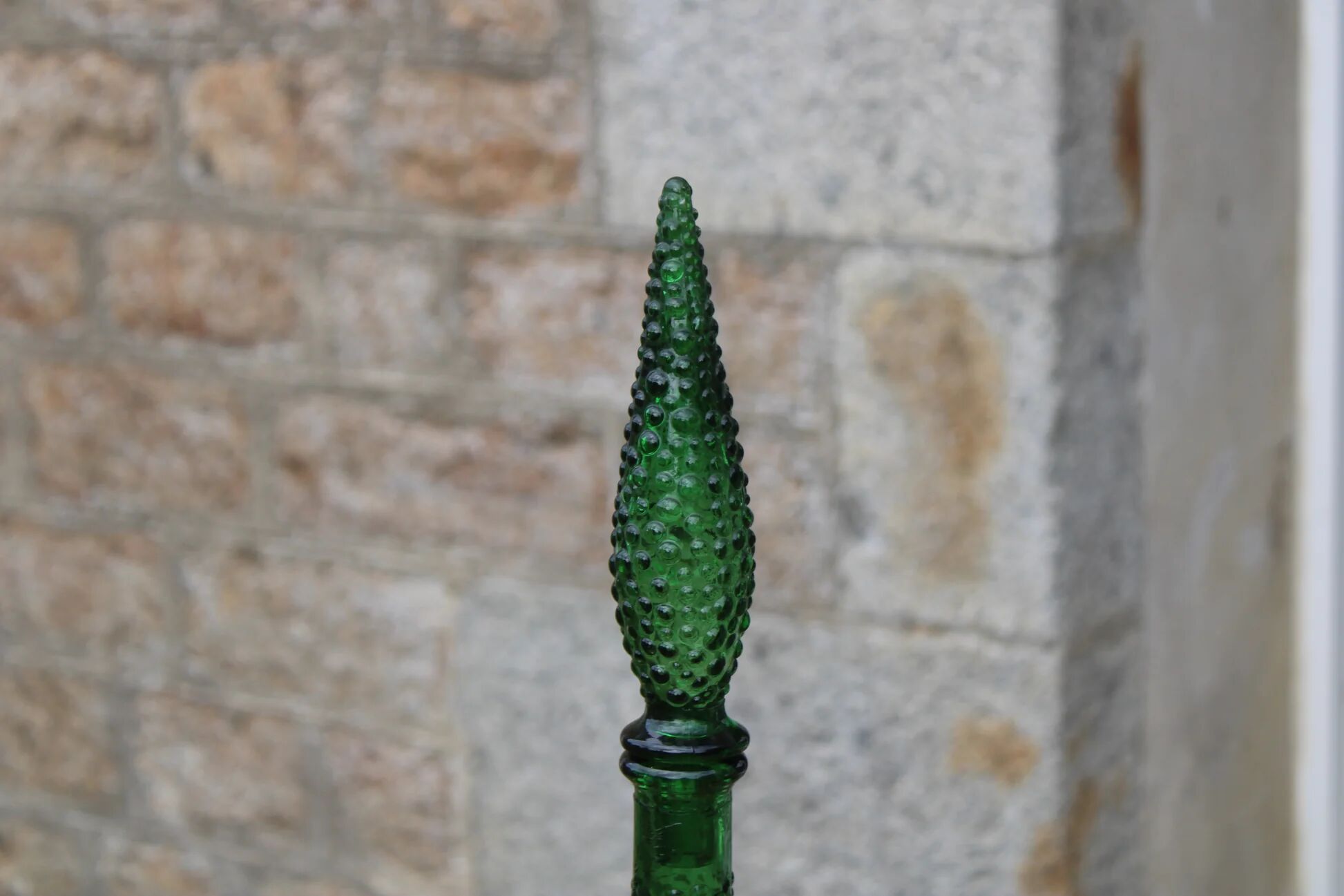 Large decorative vintage green glass carafe/bottle with relief – H57 cm
