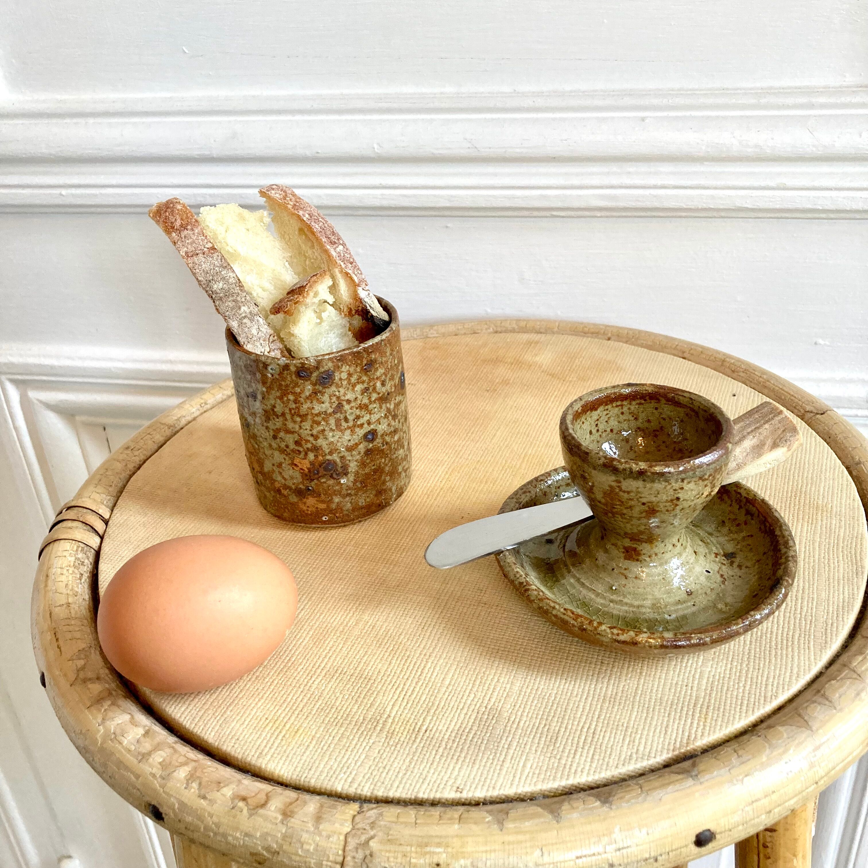 Egg cup and bowl set in pyrite stoneware