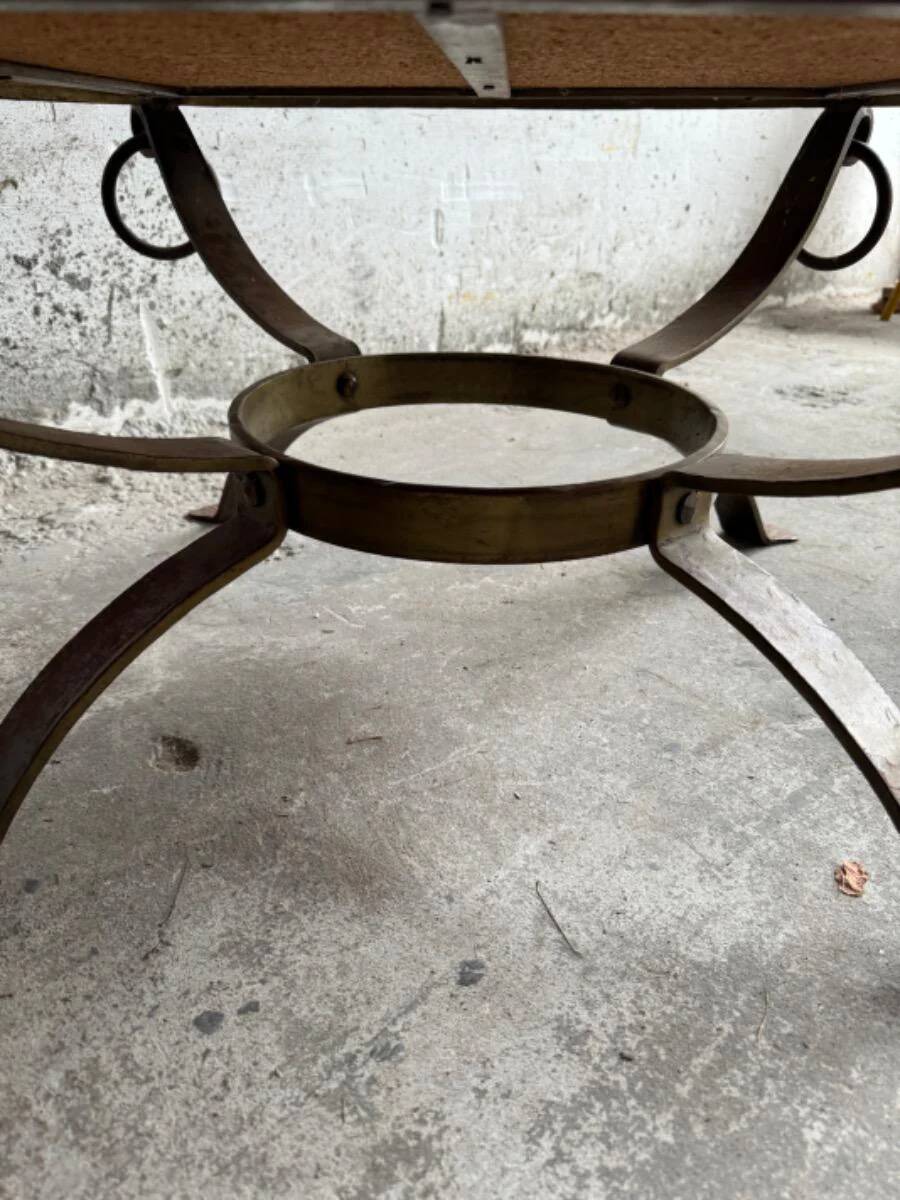 1970s Brutalist Round Coffee Table – Grey Slate Top with Copper-Tone Wrought Iron Frame
