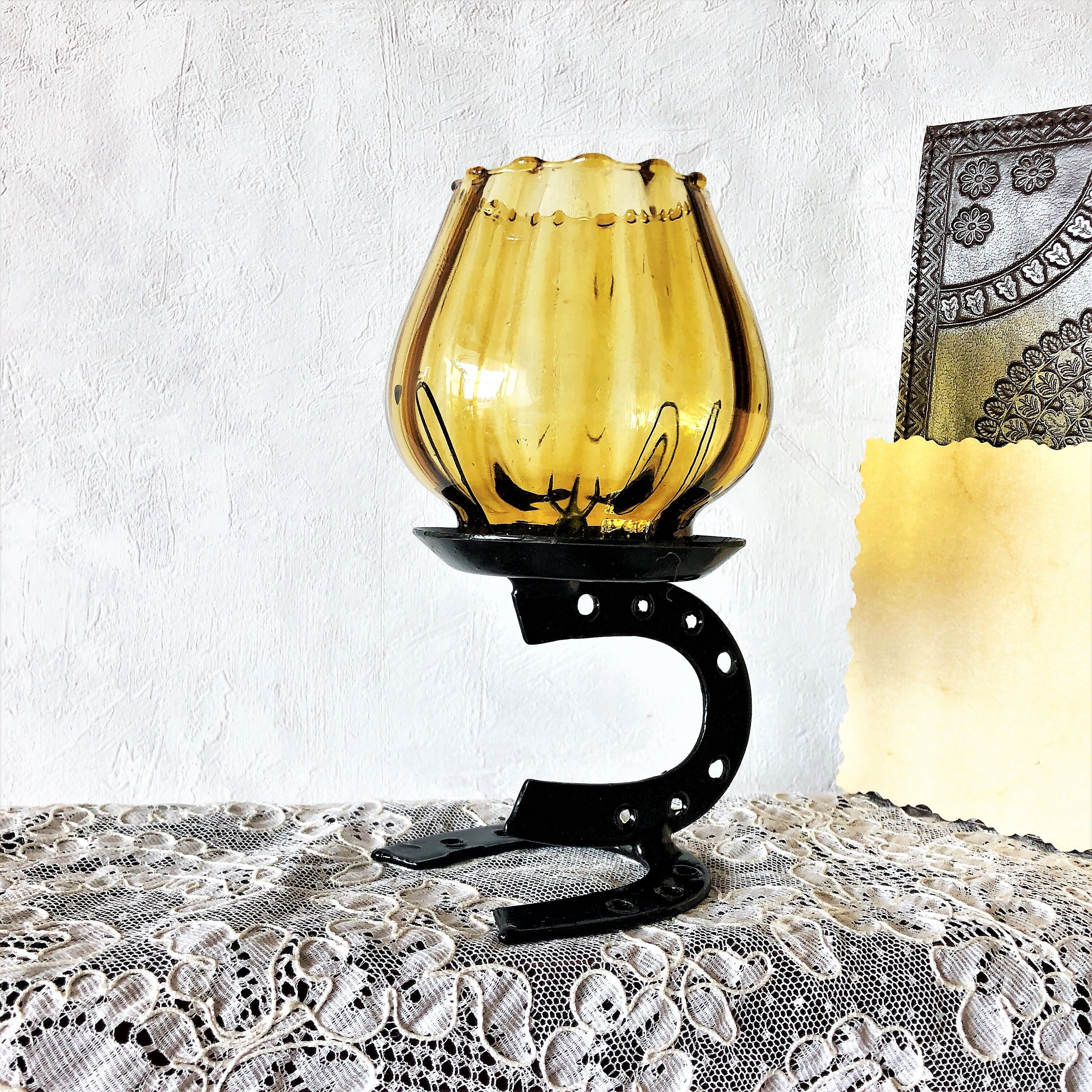 Candle holder photophore iron and amber glass vintage