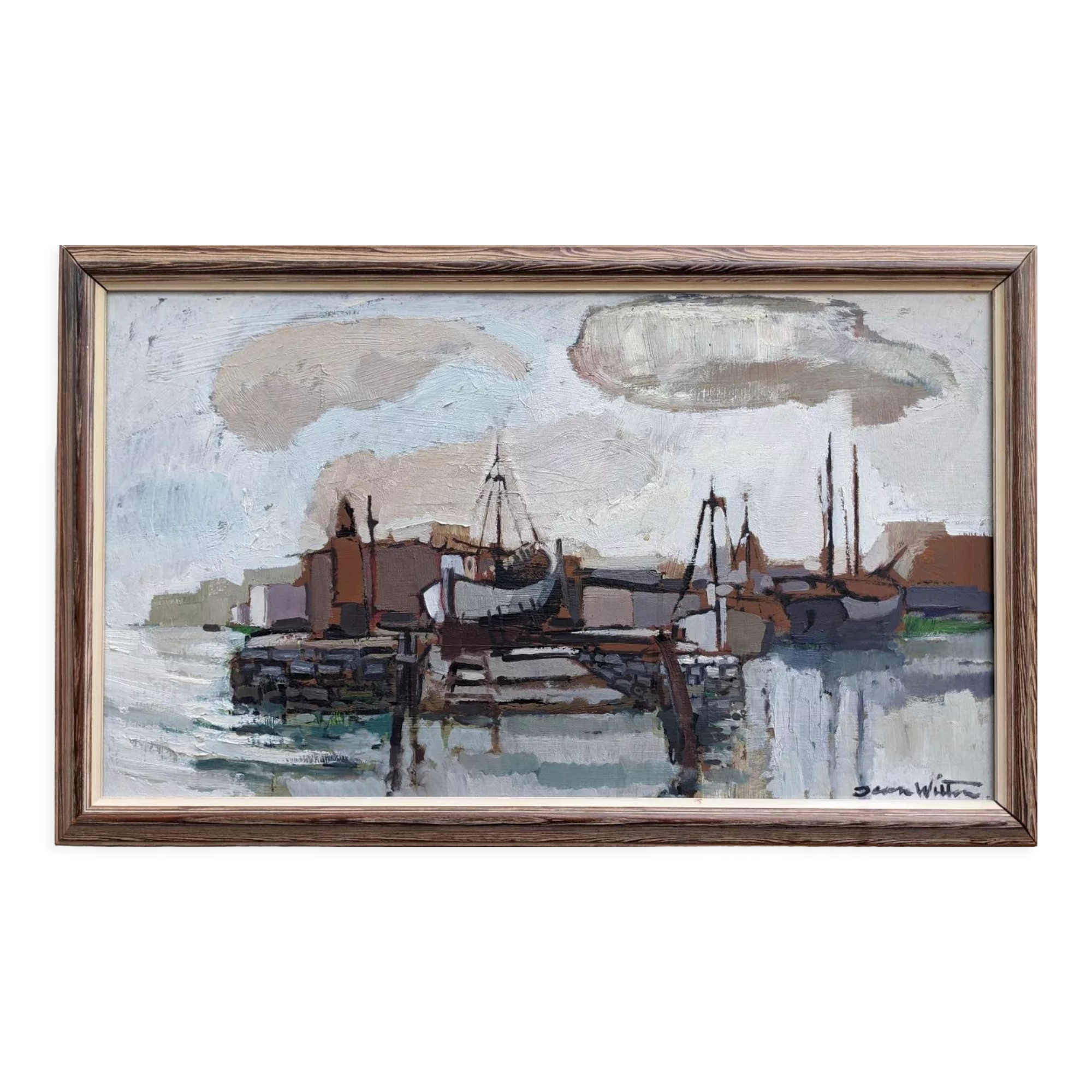 Mid-Century Modern "Out at Sea" Swedish Vintage Coastal Landscape Oil Painting, Framed