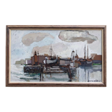 Mid-Century Modern "Out at Sea" Swedish Vintage Coastal Landscape Oil Painting, Framed