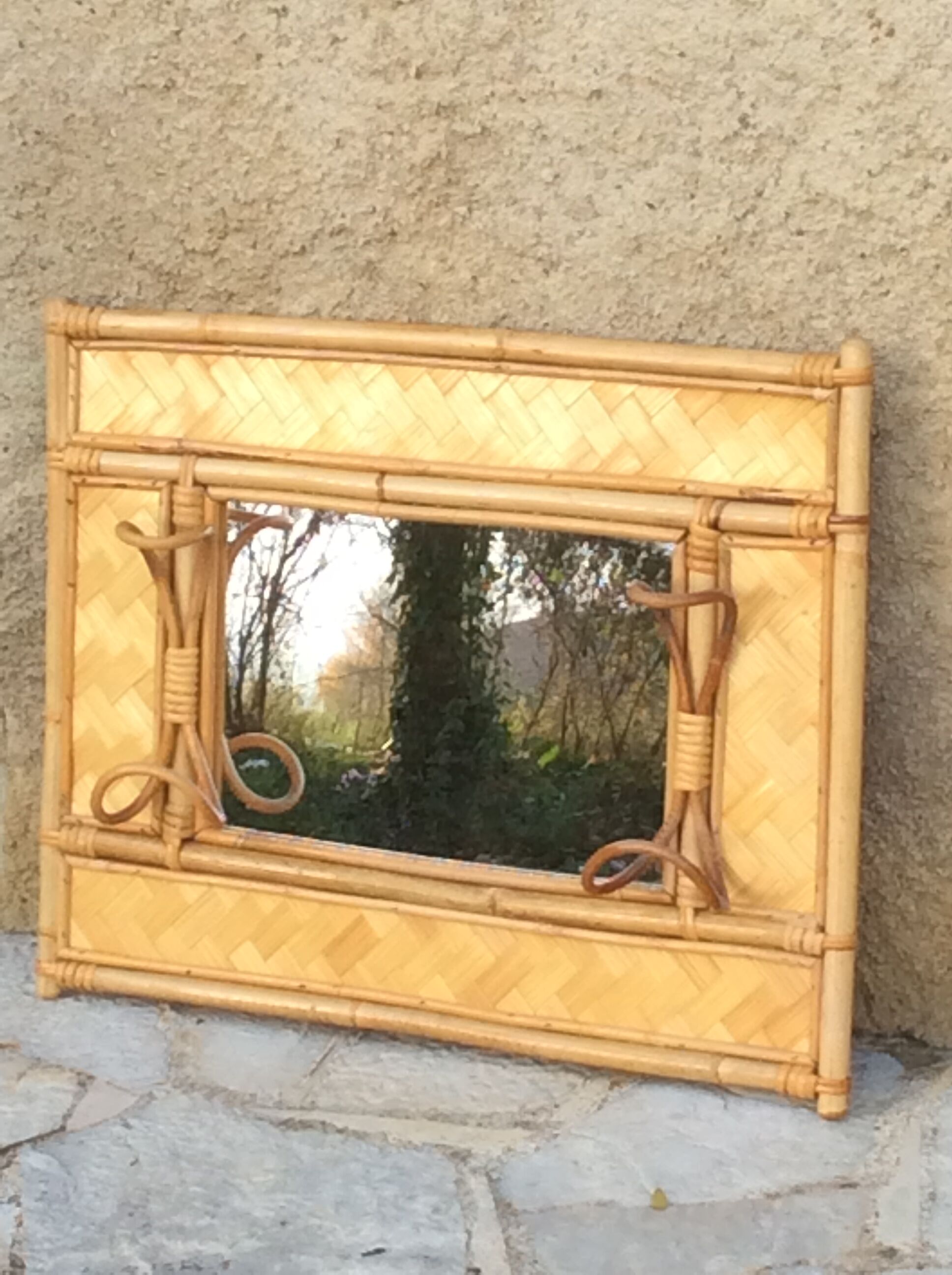 Coat rack with mirror rattan and bamboo