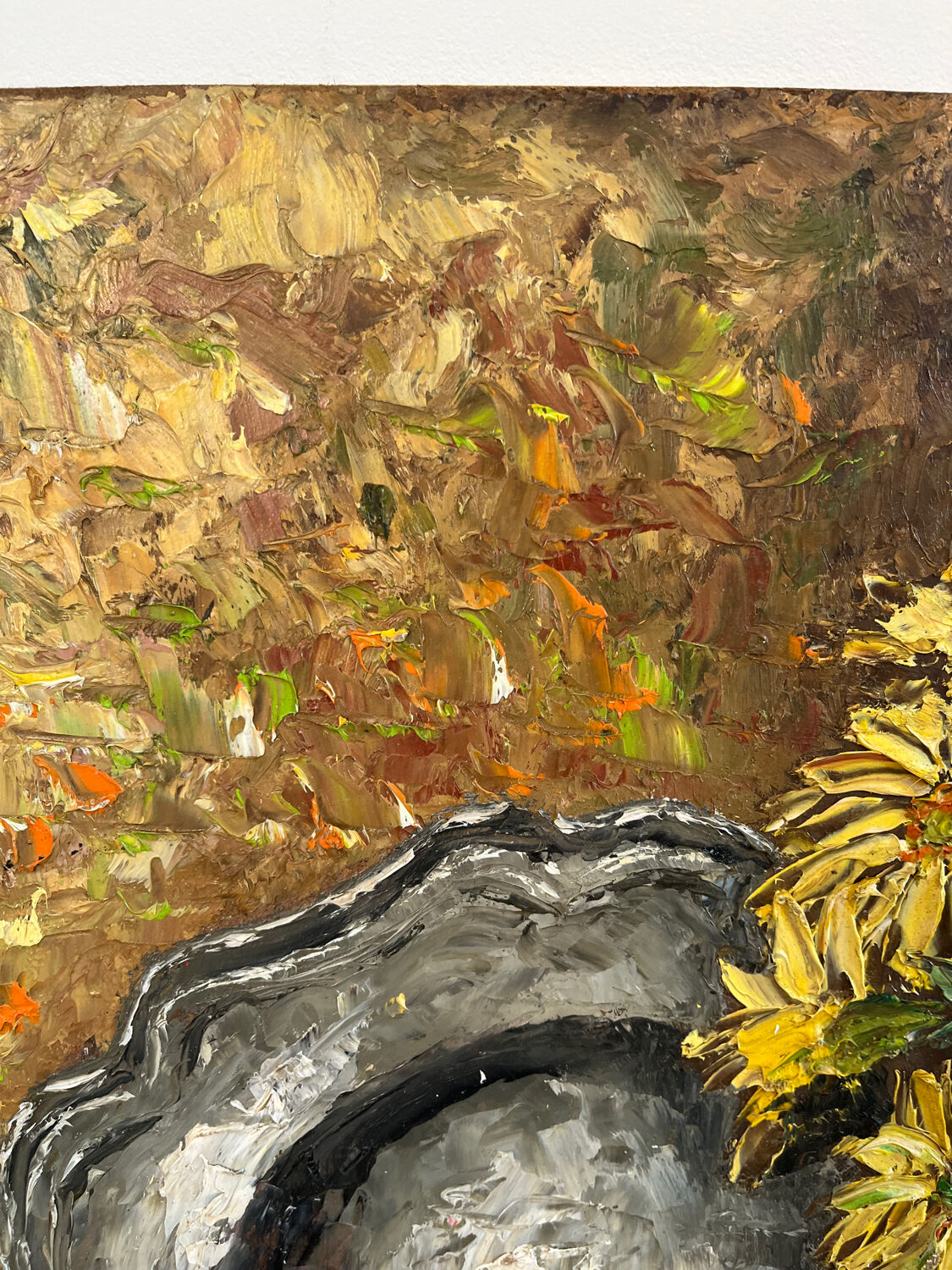 Bouquet avec plateau et bougeoir, technique couteau sur panneau bois