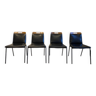 4 black imitation leather and wood chairs by G.GUERMONPREZ (20th century)