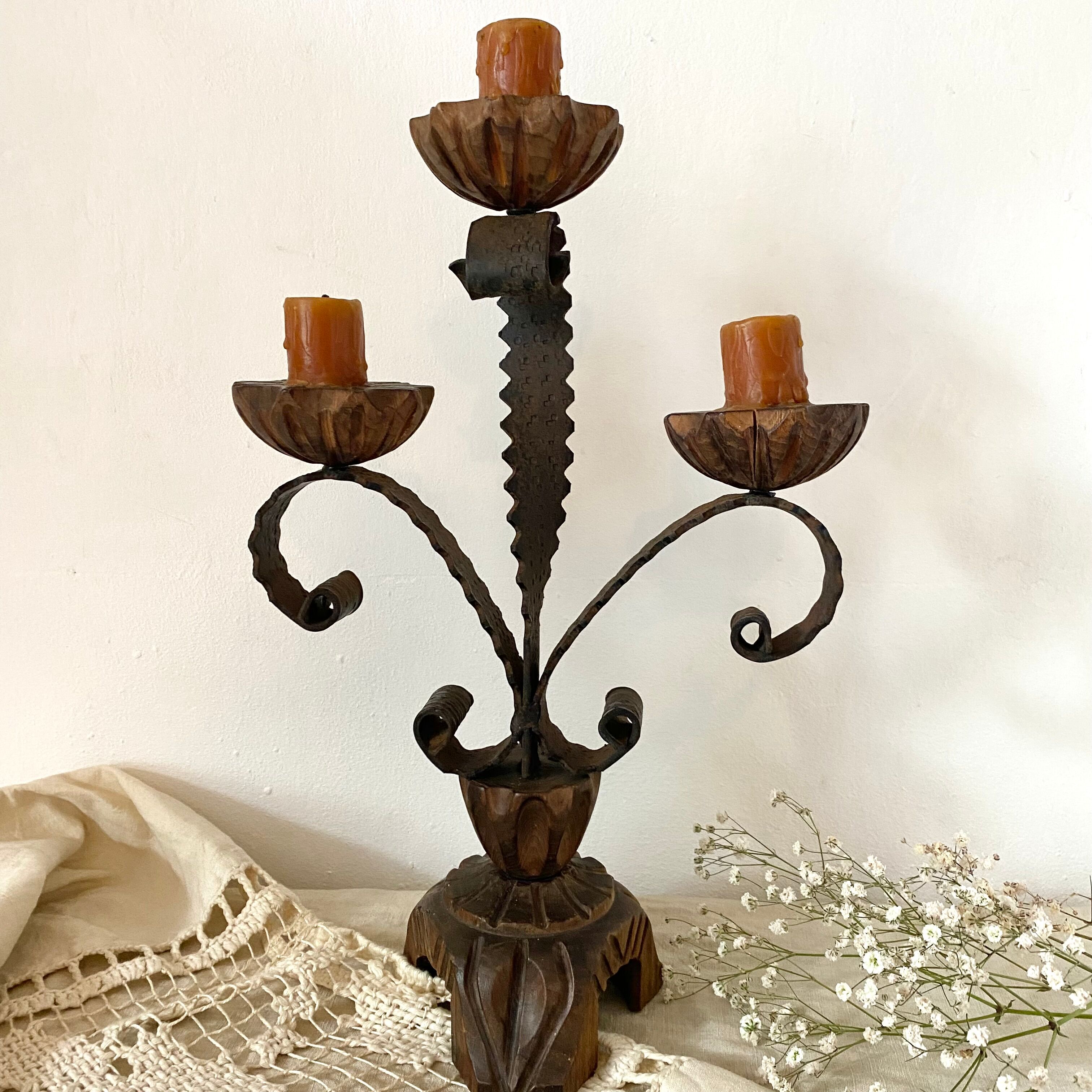 Vintage wooden and wrought iron chandelier