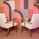 Vintage beige bouclé armchair with walnut wood from the 1950s.