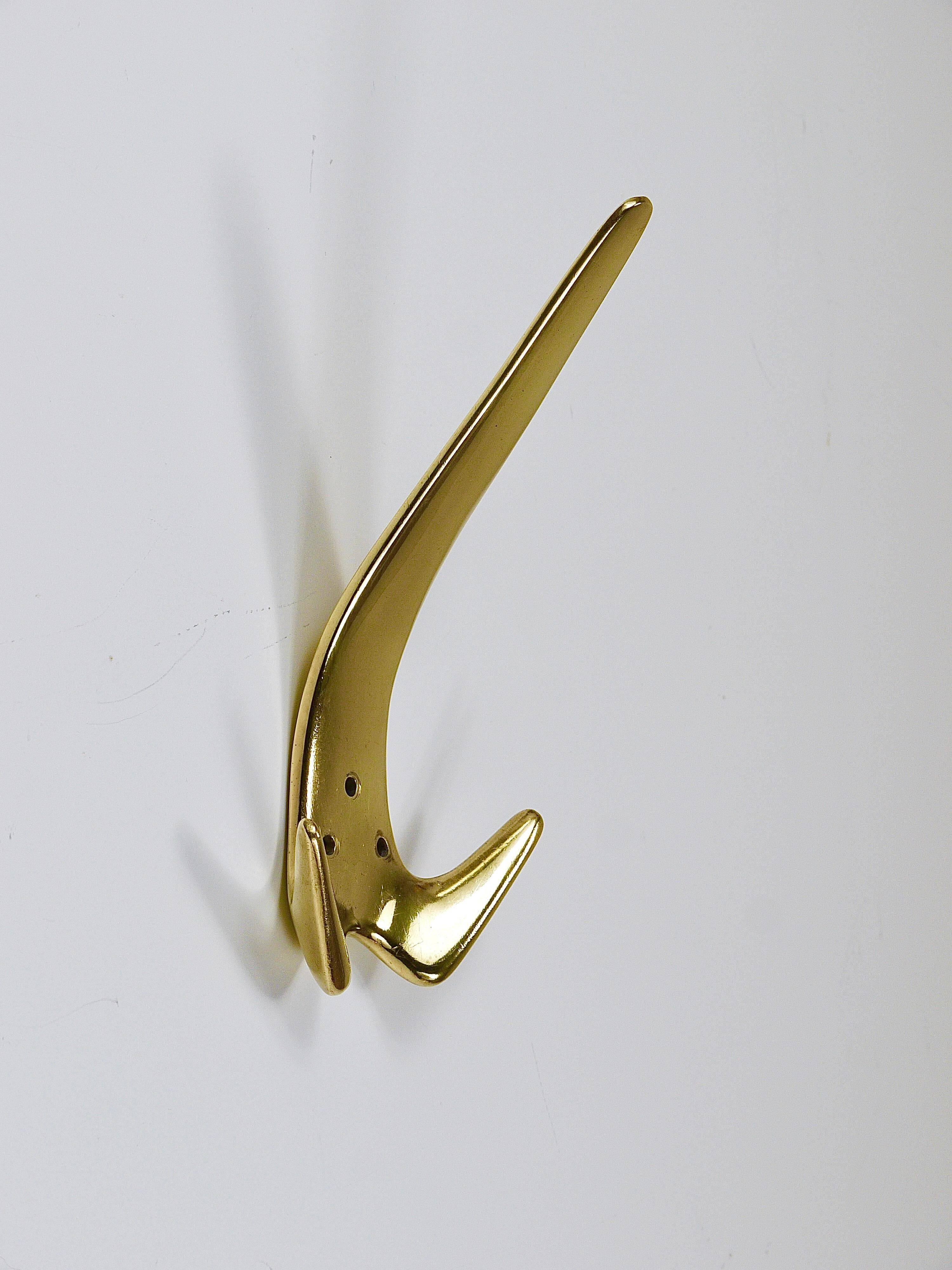 Up to 5 large vintage brass wall hooks by Carl Aubock #4056, Austria, 1950s.