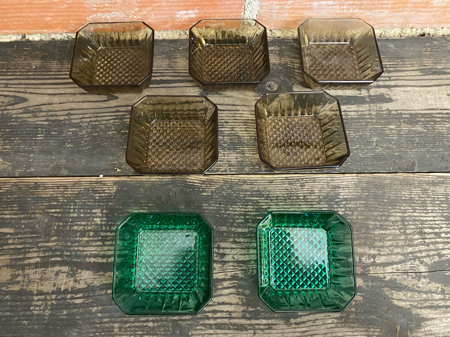 Set of 7 Antique ARCOROC Molded Glass Ramekins/Bowls, Smoked & Vintage Green