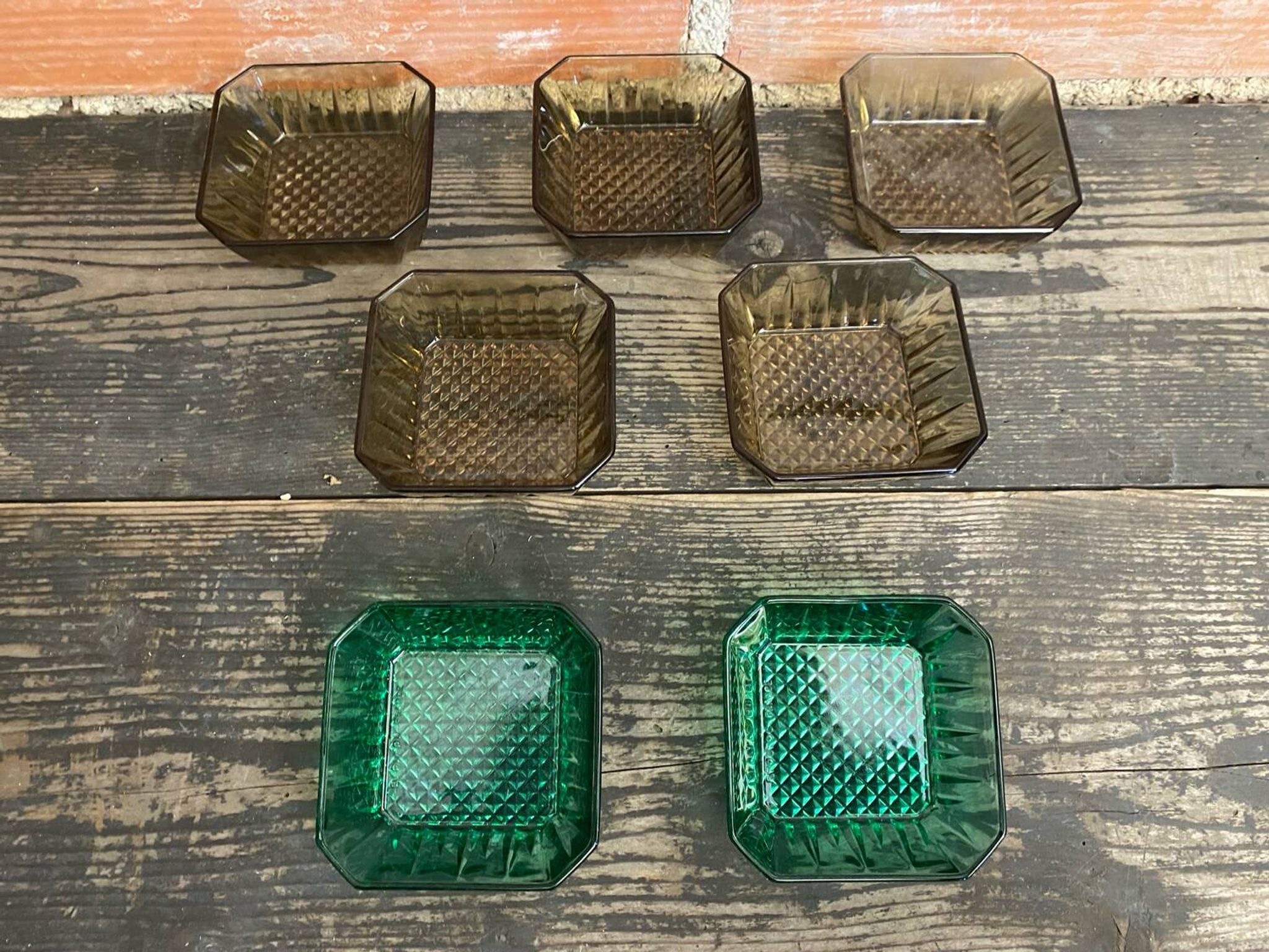 Set of 7 Antique ARCOROC Molded Glass Ramekins/Bowls, Smoked & Vintage Green