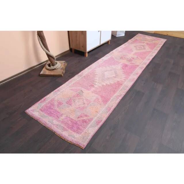 Vintage Turkish Hand-Knotted Wool Cotton Pink Runner Rug 80x365