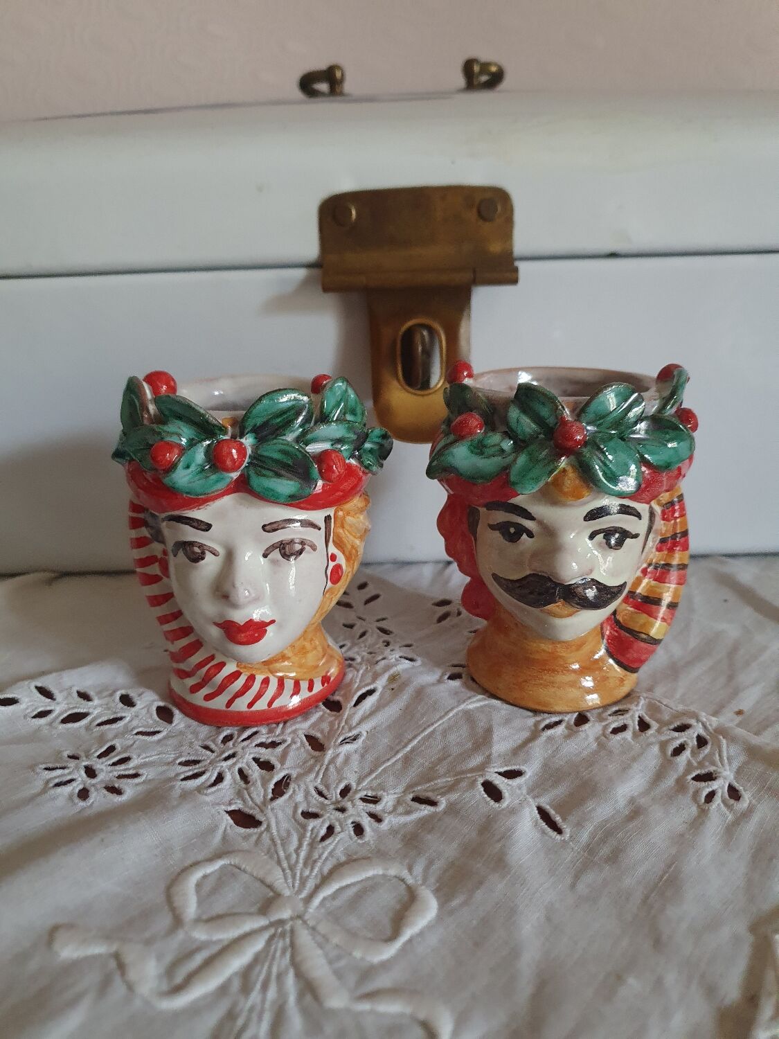 Set of 2 Sicilian vases ceramic heads of caltagirone