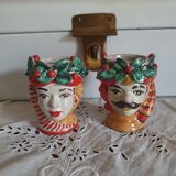 Set of 2 Sicilian vases ceramic heads of caltagirone