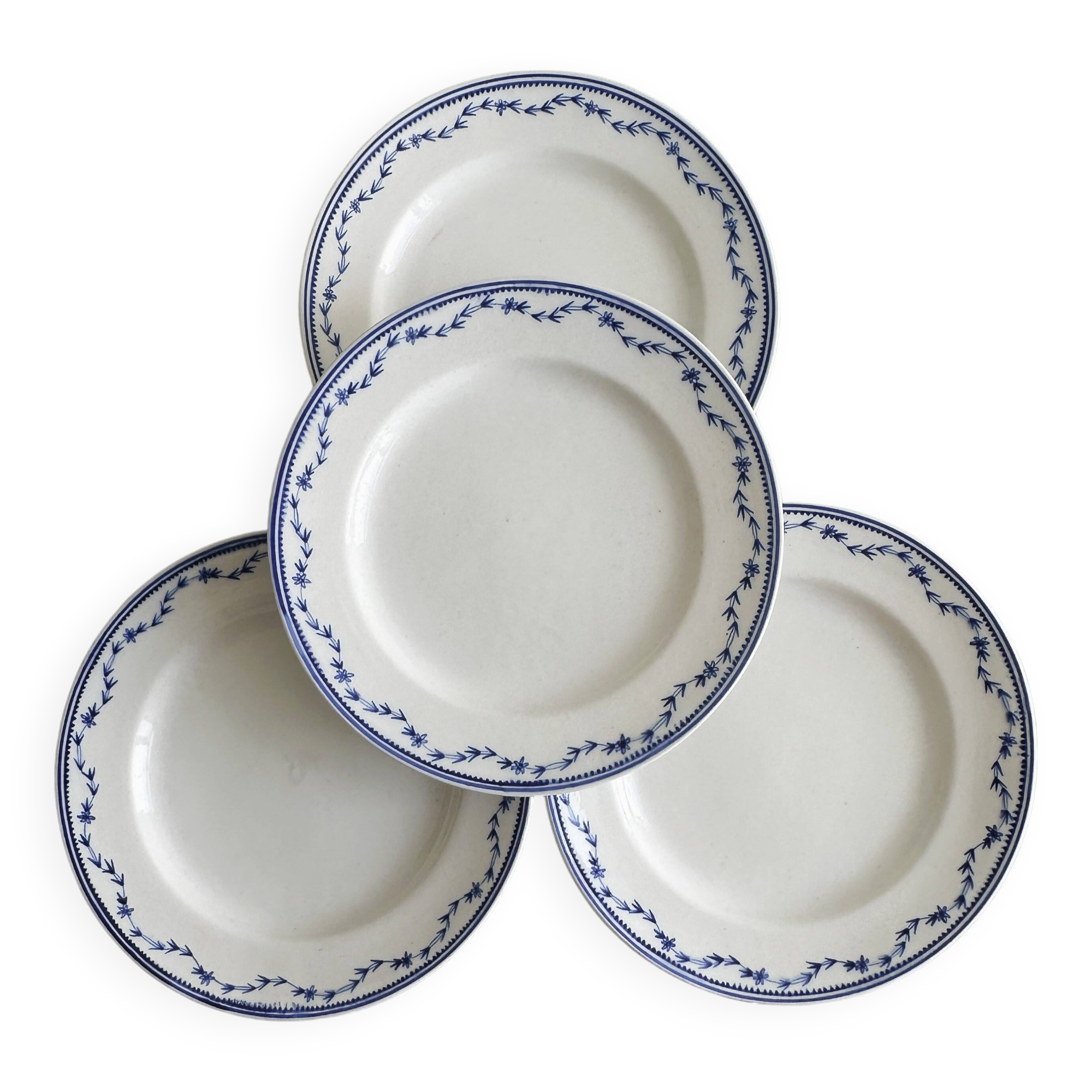 4 antique ceramic plates with blue flowers