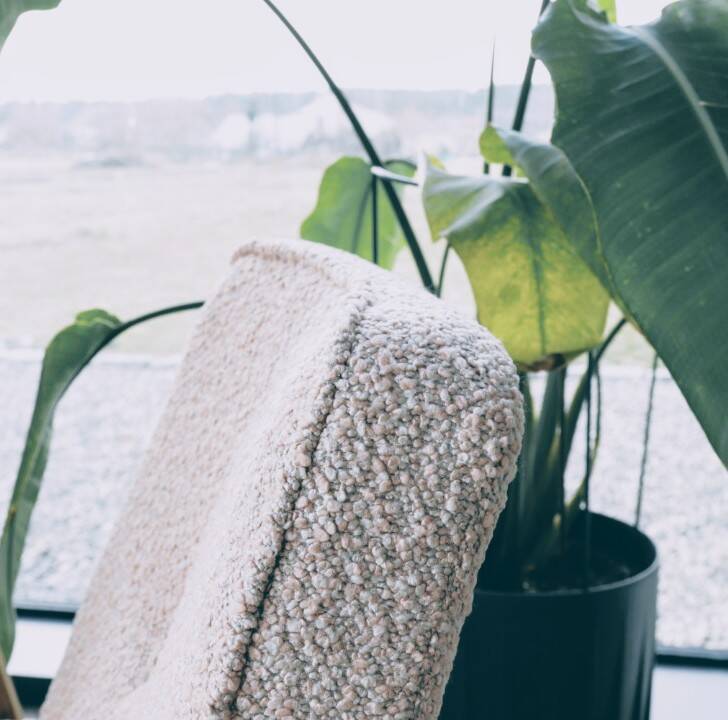 Vintage armchair in oak wood with powder pink boucle design by Chierowski.