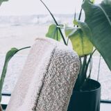 Vintage armchair in oak wood with powder pink boucle design by Chierowski.