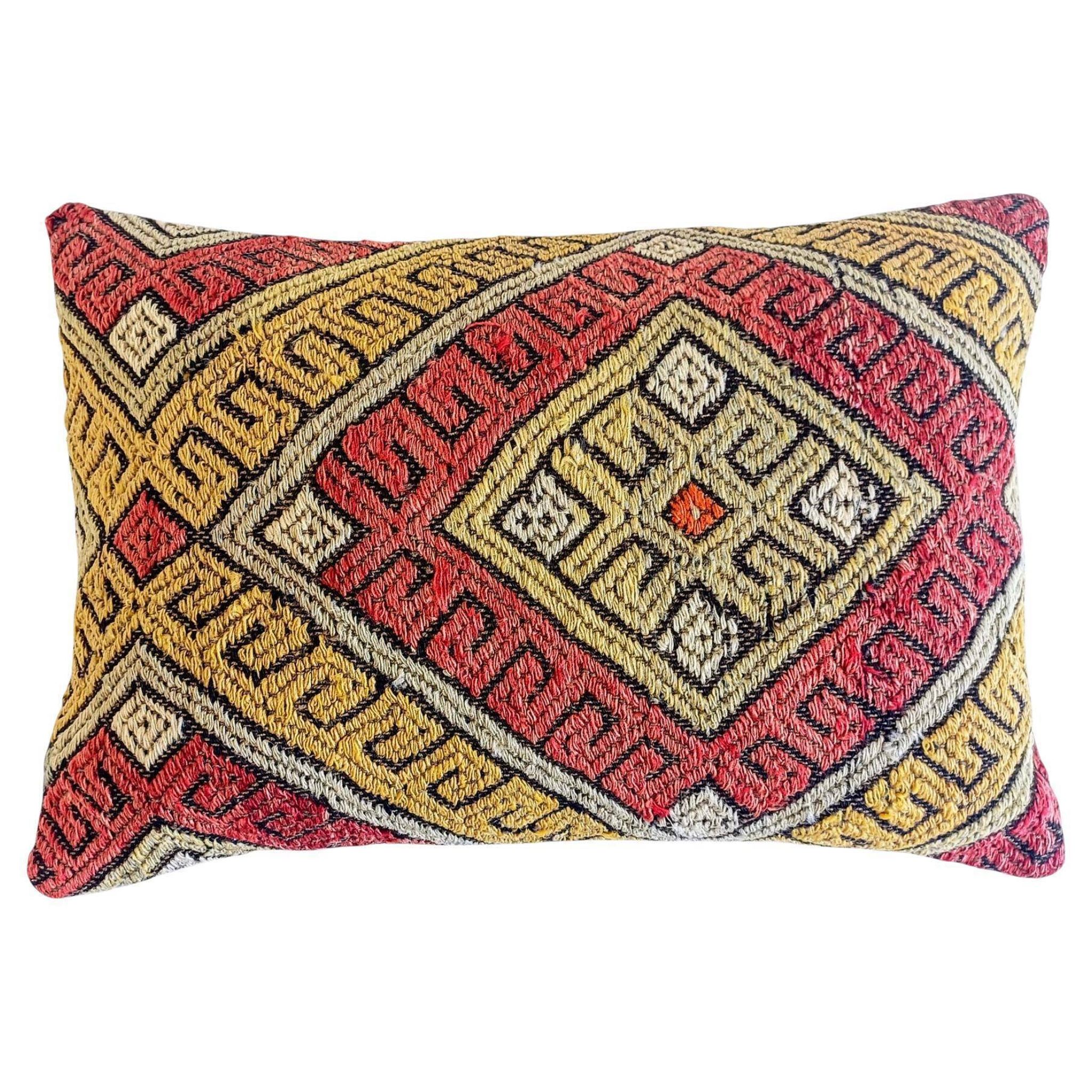 Vintage Handwoven Wool Kilim Pillow, Moorish Style, Mid-20th Century