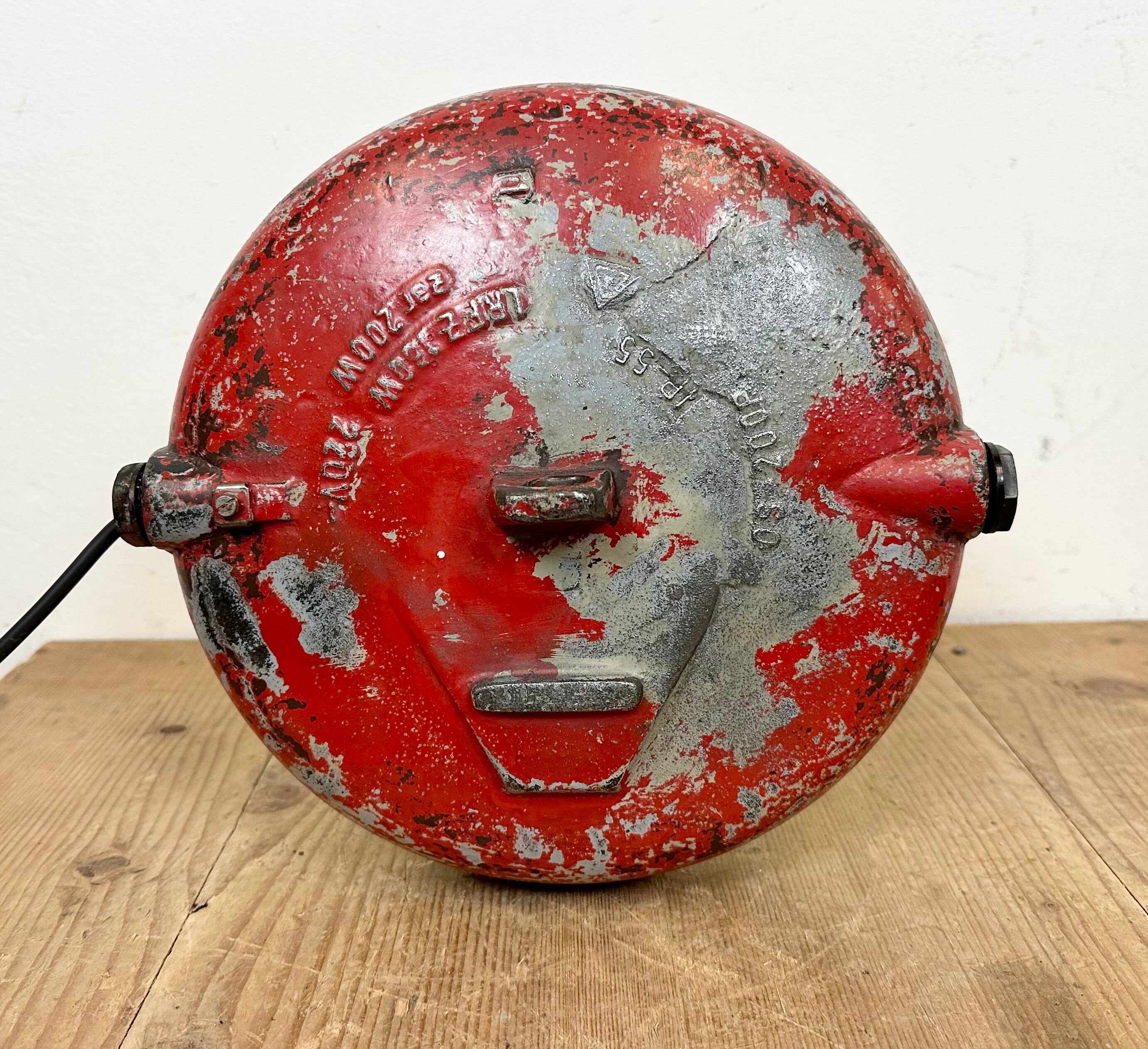 Red industrial cast iron cage pendant light, 1960s