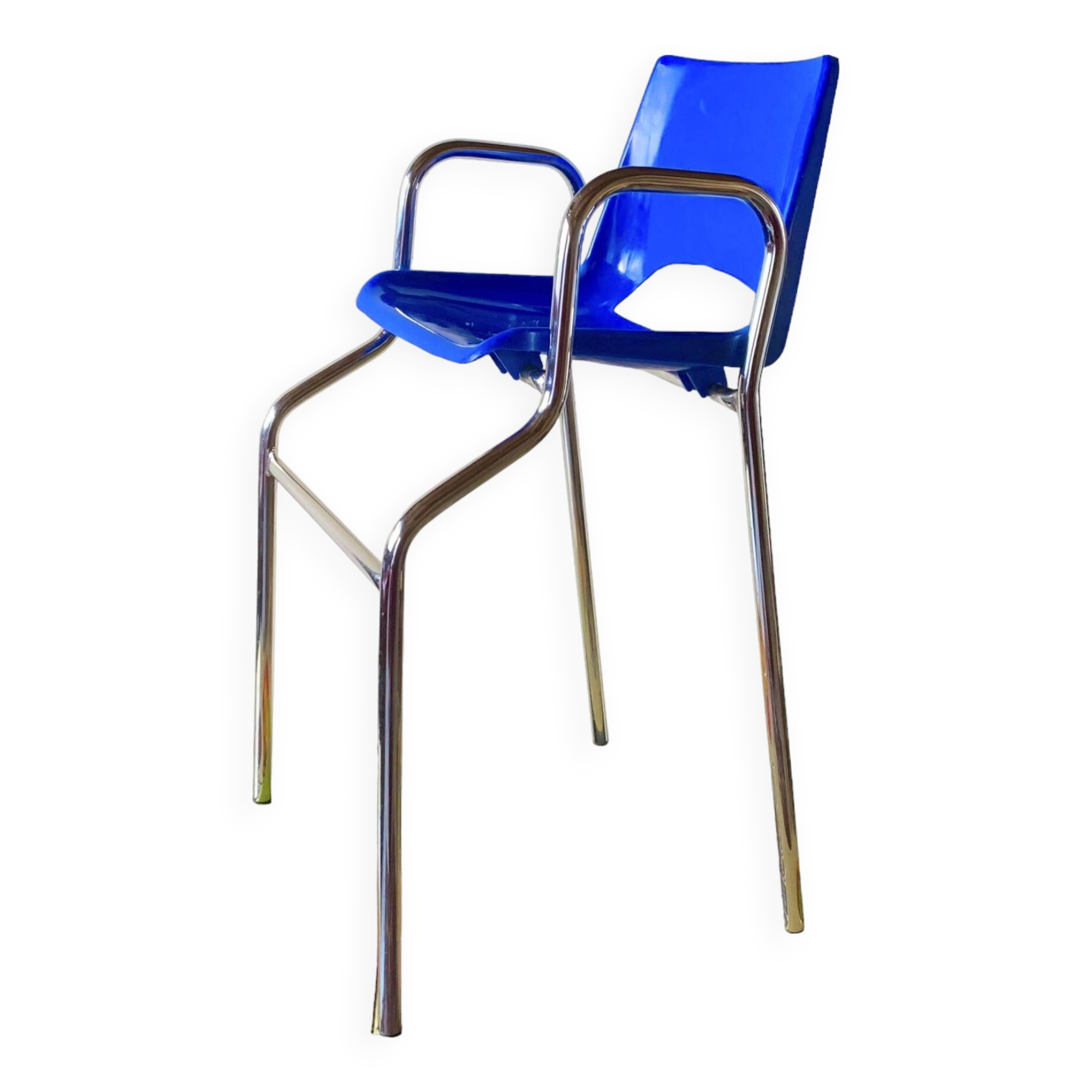 Vintage high chair for children in chrome metal and blue plastic