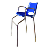 Vintage high chair for children in chrome metal and blue plastic